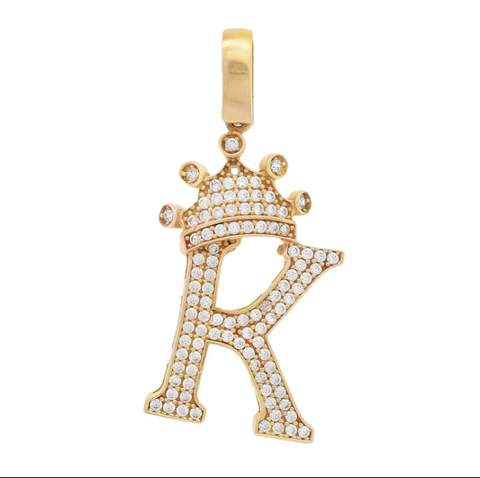 14K Initial (K) CZ Crown Pendant