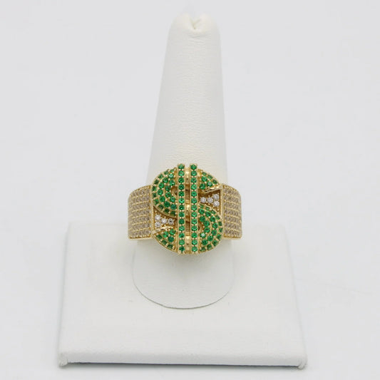 14K Money Sing Men's Ring Cz Stones Yellow Gold