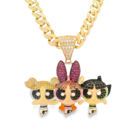 14K Power Puff GRLS Pendant W/ Hollow Cuban Monaci Choker