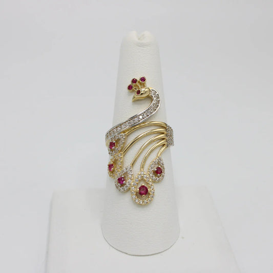 14K Peacock Ring Cz Stones Yellow Gold