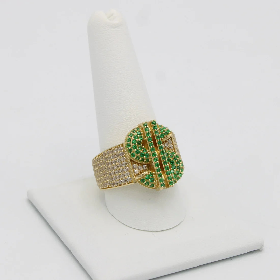 14K Money Sing Men's Ring Cz Stones Yellow Gold