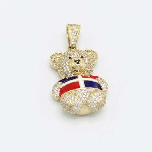 14K Teddy Bear with Dominican Flag Cz Stones Yellow Gold