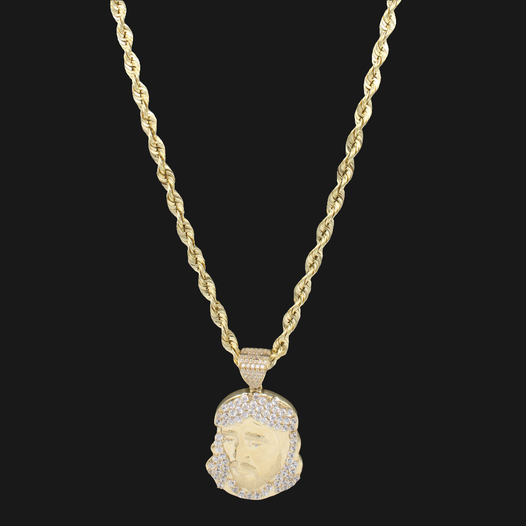 14k Jesus Face Pendant W/ Hollow Rope Chain (4.5MM // 24” Inches)