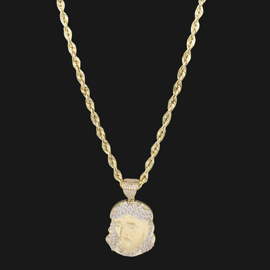 14k Jesus Face Pendant W/ Hollow Rope Chain (4.5MM // 24” Inches)