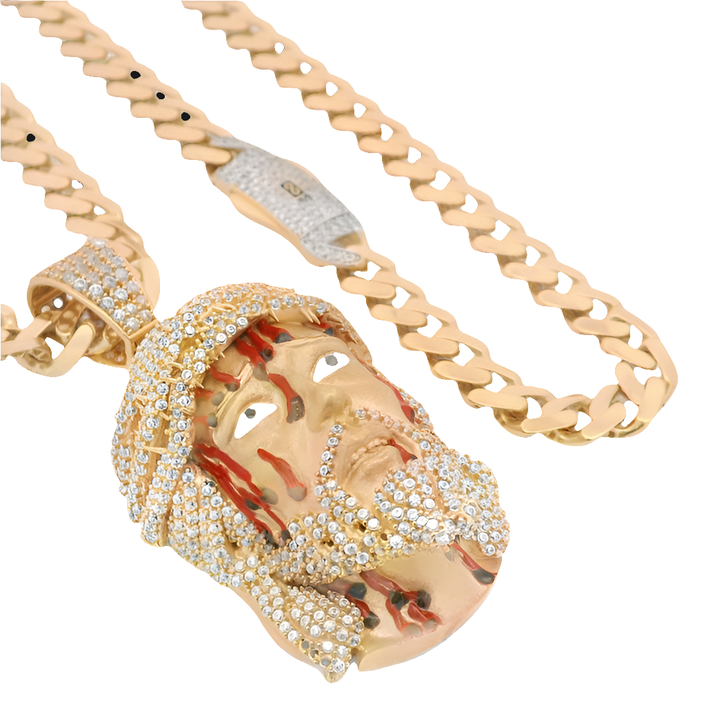 14k Jesus Face CZ Pendant W/ Hollow Cuban Monaci Chain (6.8MM / 22” Inches)