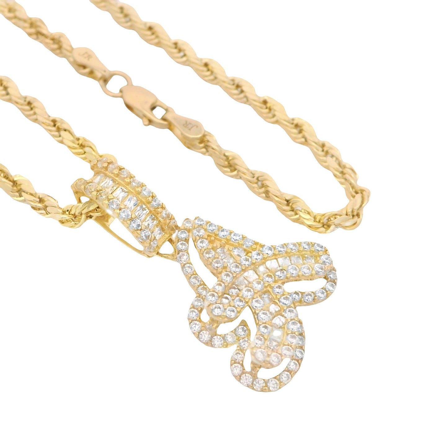 14k Initial (A) Baguette CZ Pendant W/ Hollow Rope Chain (18” Inches)