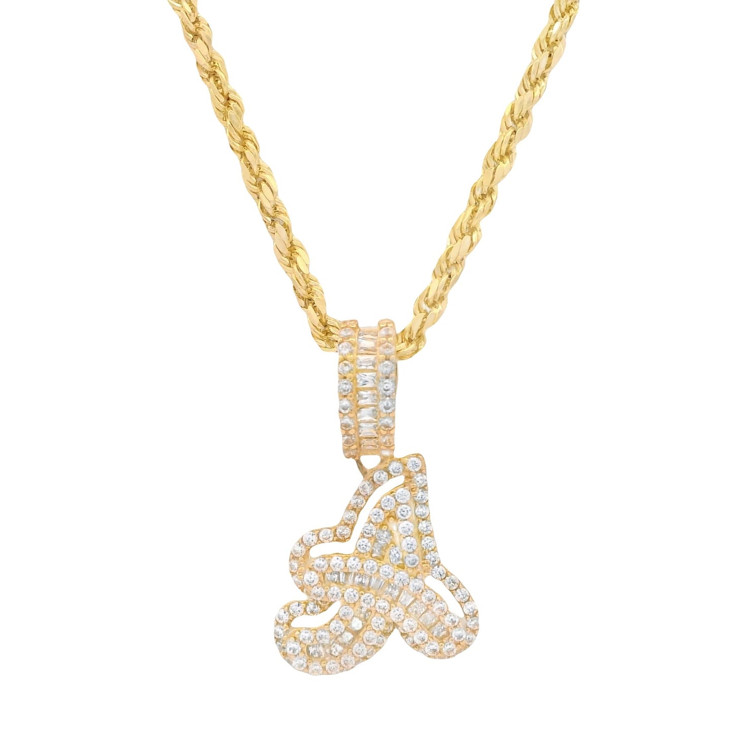 14k Initial (A) Baguette CZ Pendant W/ Hollow Rope Chain (18” Inches)