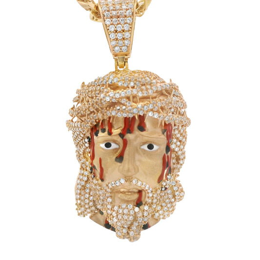 14k Jesus Face CZ Pendant W/ Hollow Cuban Monaci Chain (6.8MM / 22” Inches)