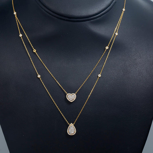 14K GOLD CLUSTER DIAMOND HEART AND PEAR SHAPE NECKLACE