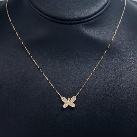 4K GOLD BAGUETTE DIAMOND BUTTERFLY NECKLACE 0.40 CT