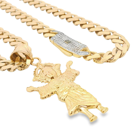 14k Divino Niño Pendant W/ Hollow Cuban Monaci Chain (6.8MM / 20” Inches)