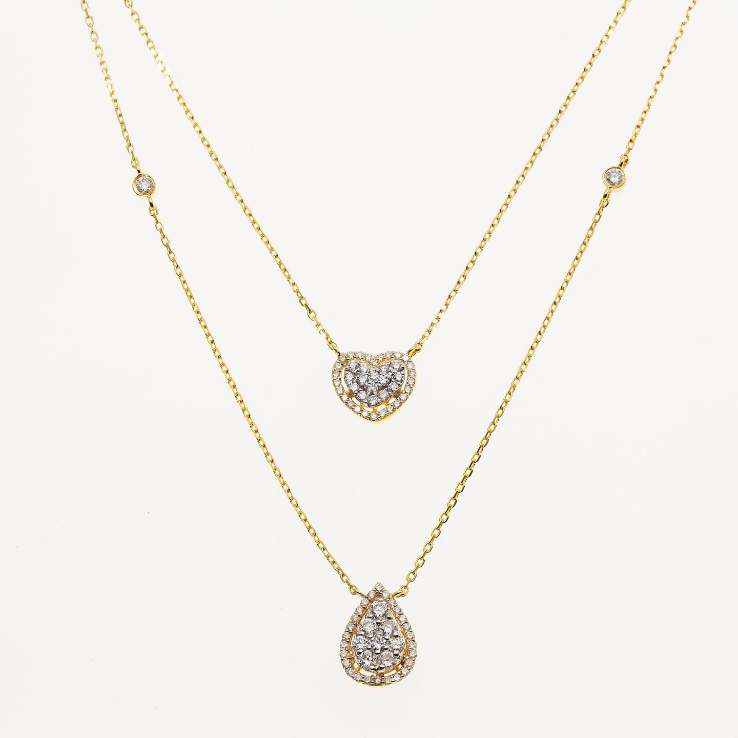 14K GOLD CLUSTER DIAMOND HEART AND PEAR SHAPE NECKLACE