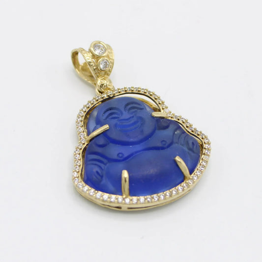 14K Buda Pendant ( Blue ) Cz Stones Yellow Gold