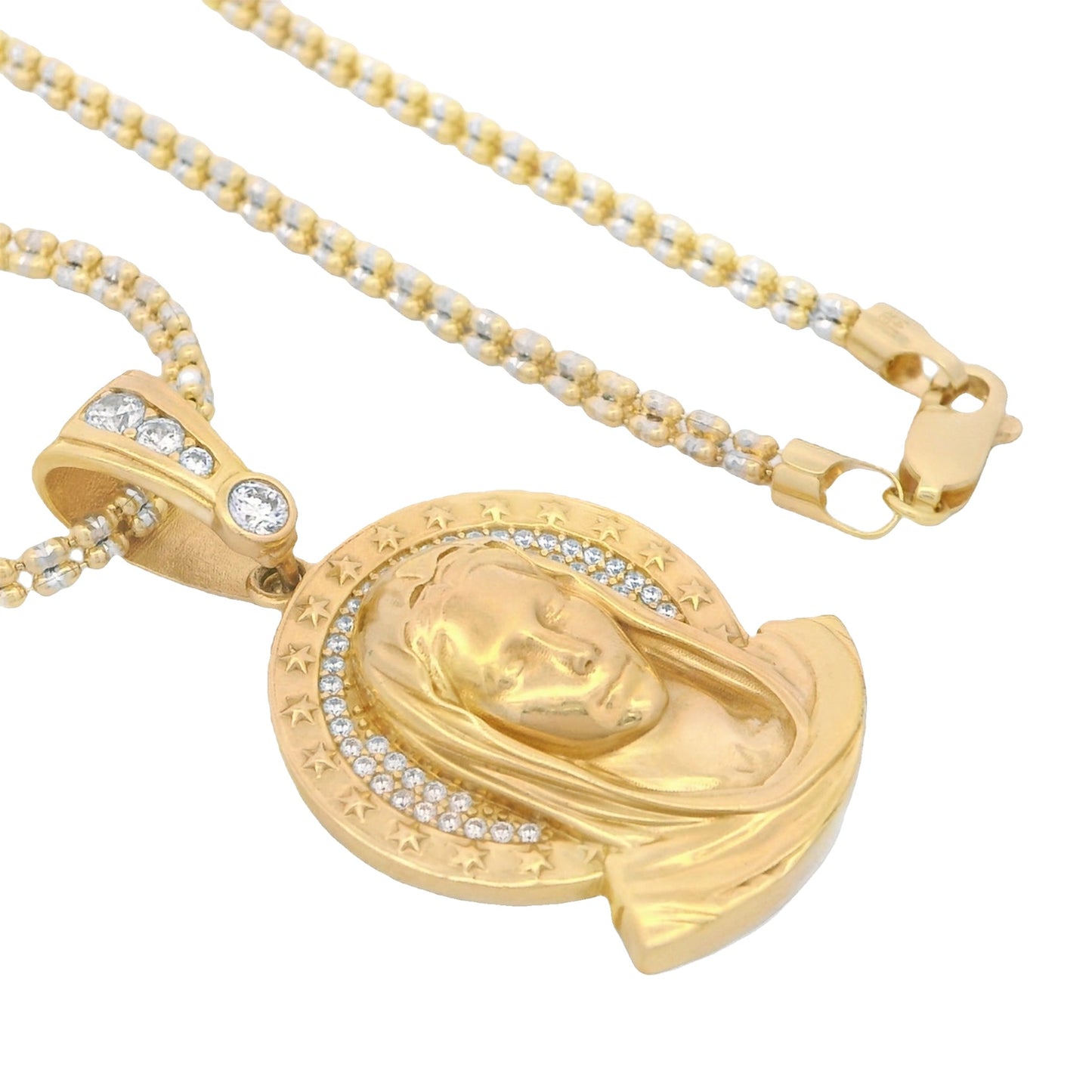 14K Virgen CZ Pendant W/ Moon Ice Chain 3MM/ 16" Inch/17.7 gr