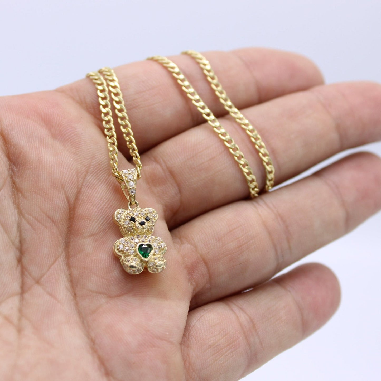 14K Teddy Bear Pendant Cz Stones with Semi-Solid Cuban Chain Yellow Gold