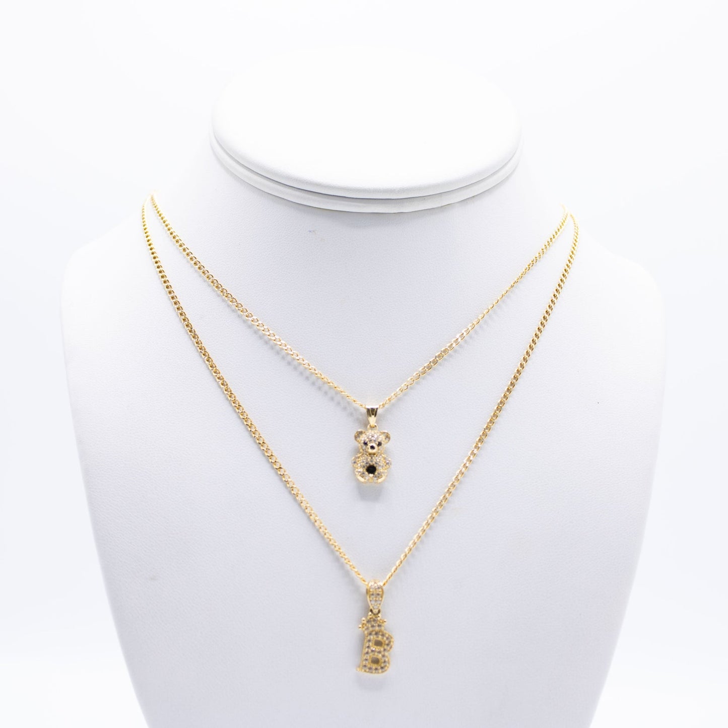 14K Set Cuban Chains with teddy bear - initial Pendant Cz Stones Yellow Gold