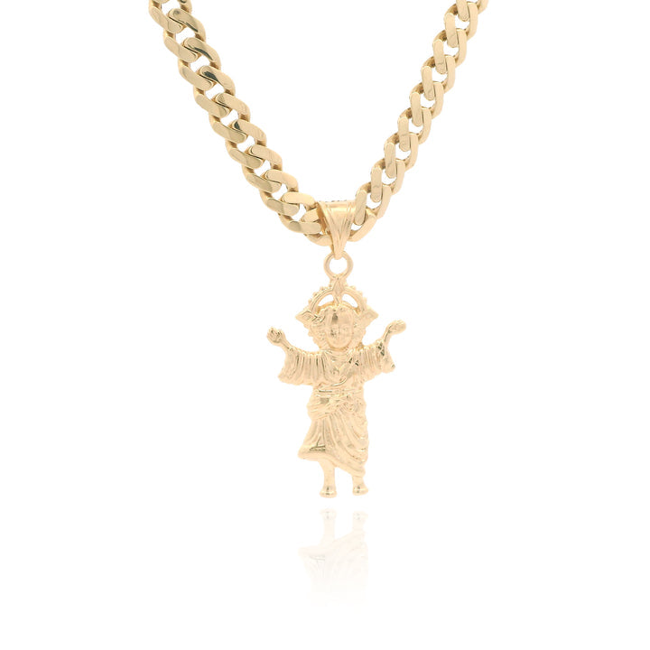 14k Divino Niño Pendant W/ Hollow Cuban Monaci Chain (6.8MM / 20” Inches)