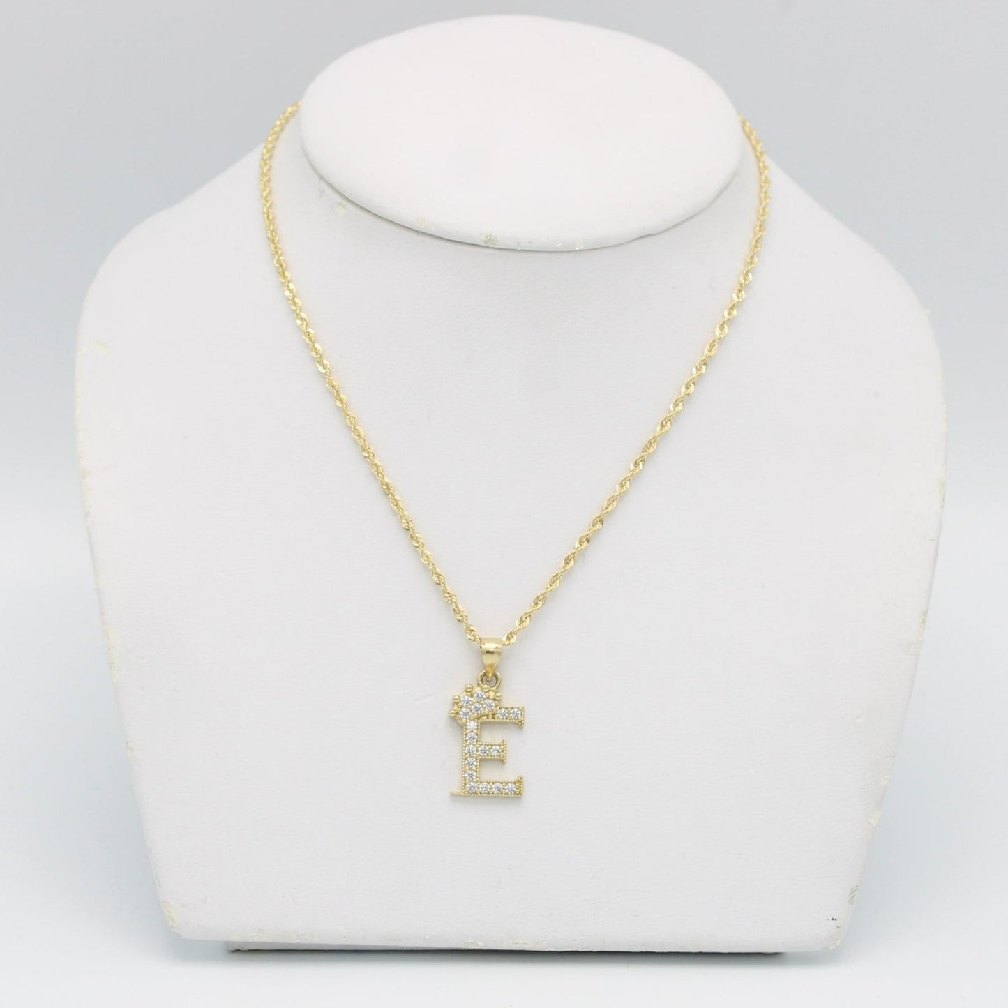 14K Initai E Pendant Cz Stones With Rope Chain Yellow Gold